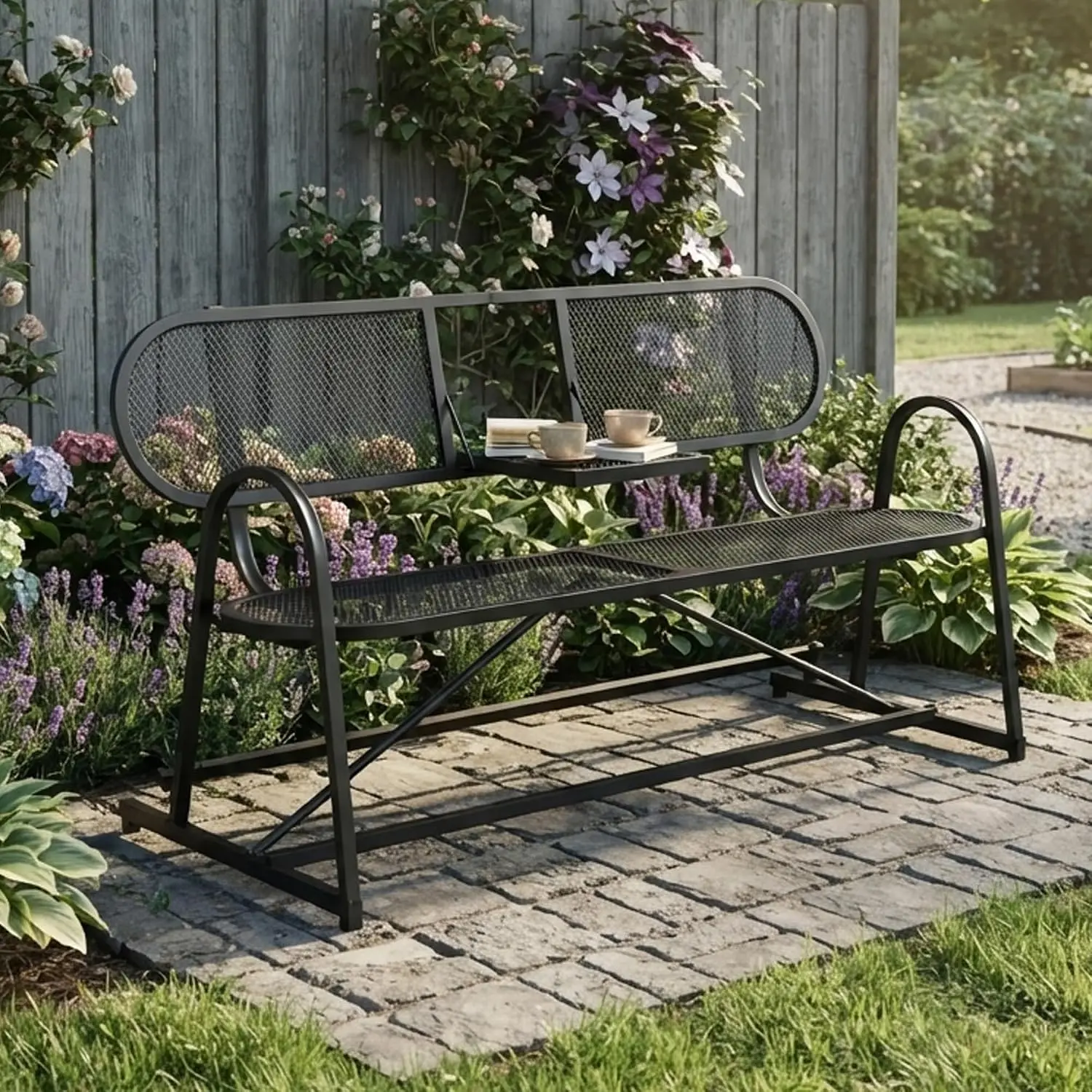 Metal Outdoor Bench, 2 Seat Patio Loveseat with Built-in Table, Black, Customized