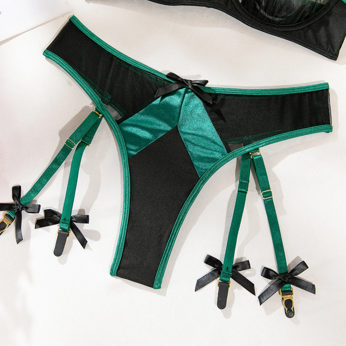 Green Mesh Transparent Underwire Bra Brief Sexy Lingerie Set with 1 Pair Stockings with Removable Garter Belts Costumes