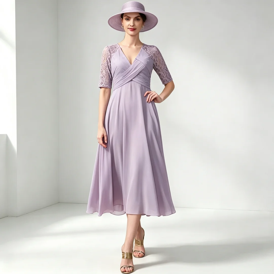 VICTORIA elegant Tea Length A-line party dress for wedding Zip-back women's wedding party Mother Of The Bride Dresses Customized