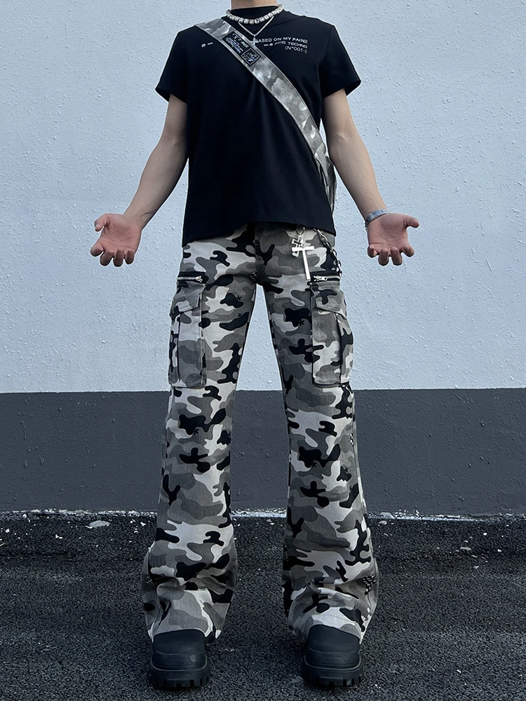 

Мужские джинсы High Street Vibe с высокой талией и широкими штанинами, американского стиля, прямого кроя, для работы, с множеством карманов