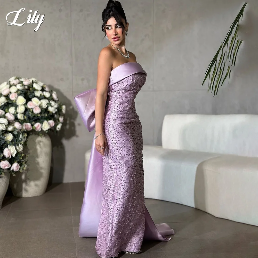 فستان حفلة موسيقية أرجواني من Lily بدون حمالات فستان حفل ترتر بدون أكمام فستان المشاهير مع فستان سهرة بطيات على شكل فيونكة حسب الطلب #4