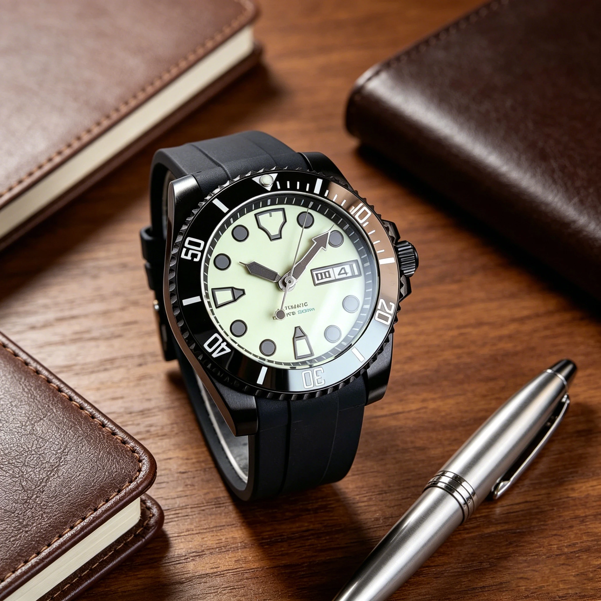 New Automatic Mechanical PVD Black Men Watch Full Luminous Dial NH36A Movement Diving Rubber Band Sapphire Glass 200m Waterproof