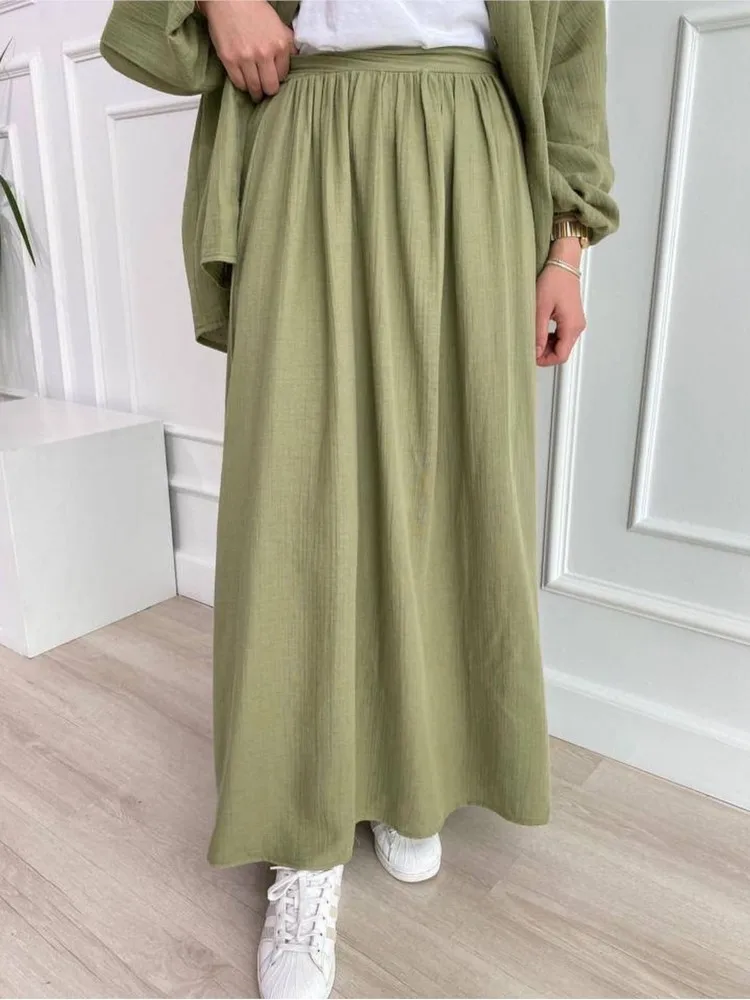 Casual Spring A-line Pleat Skirt Set Single Breasted Lantern Sleeve Shirts And Loose Elatic Waist Skirt 2 Pece Set Women Outfit