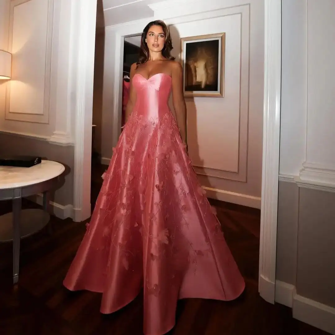 Ofherown-vestidos de noche elegantes con apliques de cuentas, satén rosa, escote en forma de corazón, vestidos de graduación, Vestido de fiesta personalizado