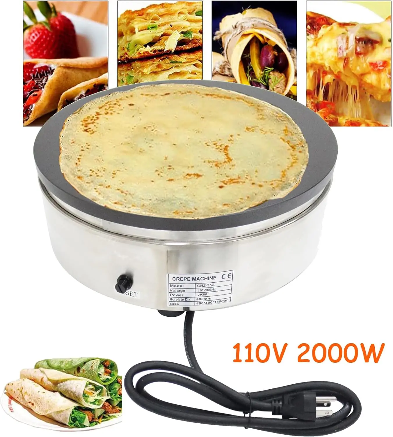 Electric Crepe Maker 16" Non-Stick Pancake Making Machine 110V 2.68HP Flat Plate Crepe Griddle50-300℃ Hot Plate Pancake Machine