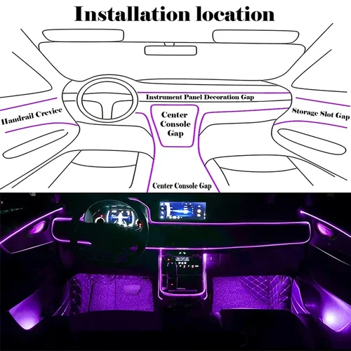 Imagen 2 del producto Luces de alambre EL flexibles con Control por aplicación, tira de luces de ambiente, lámparas decorativas, tira Led RGB de neón para Interior de coche de 12V