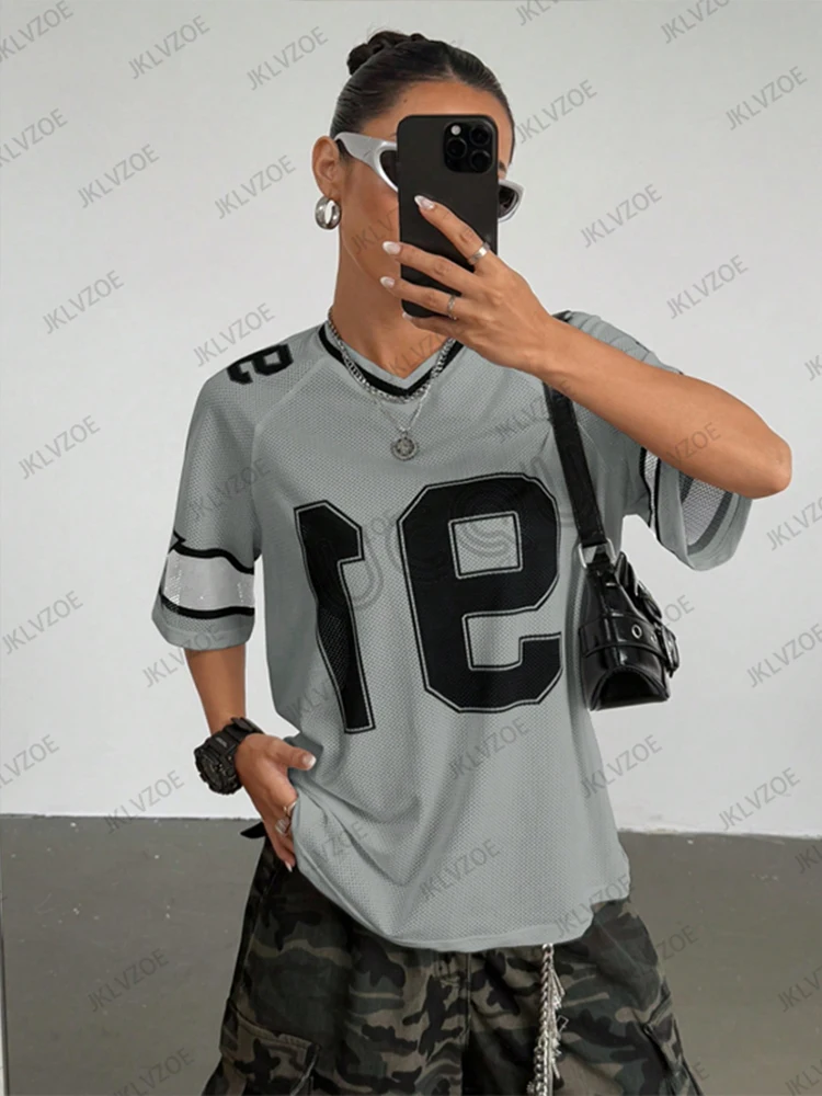 Sommer Neue Schwarz Speed 91 Drucken T-Shirt Für Frauen V-ausschnitt Patchwork Kurzarm Sport Fußball Jersey Y2K Lose Übergroßen Tops – Detail 14