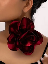 A Pair of Fabric Bright Color Oversized Rose Holiday Party Pendant Flower Earrings