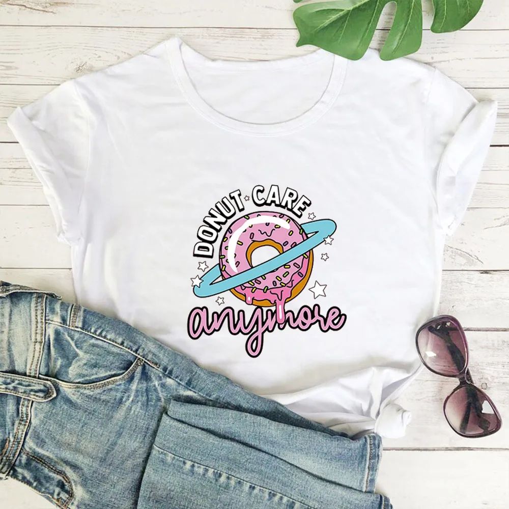 Women White Leisure Tops Camisas Mujer Fashion All-match Top DONUT CARE Funny Pattern T-shirt Women Cute Donut Graphics T Shirt