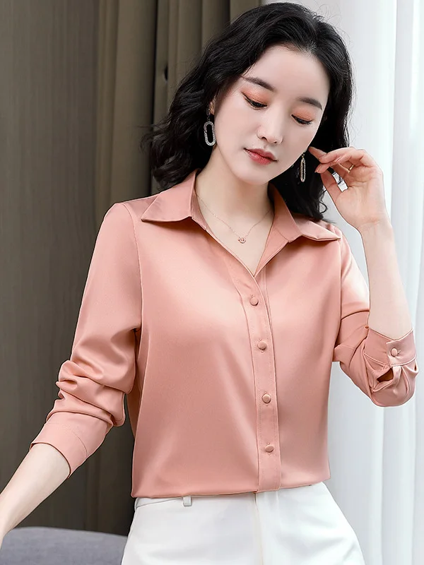 Nouveau Silk irt femmes printemps automne marque Tube droit boutonné Long col Sve régulier mince couleur Pure pas Ir...
