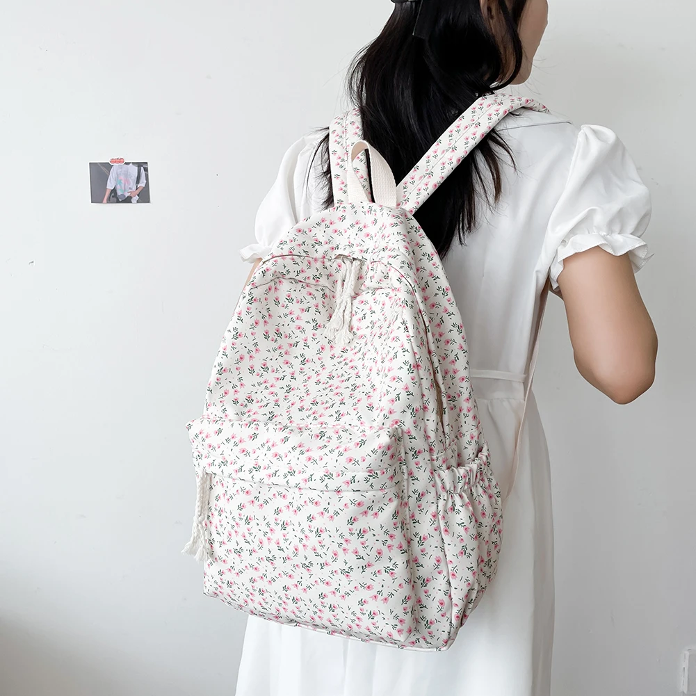Women Simple Floral Backpack Large Capacity Travel Laptop Rucksack Adjustable Strap Casual Floral Backpack Students Daily Bag