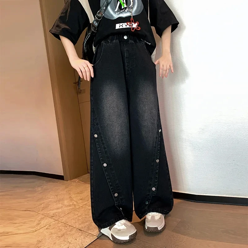 

Plus Size Black Straight-Leg Wide-Leg Loose-Fit High-Waisted Button-Front Soft-Wear Women's Jeans