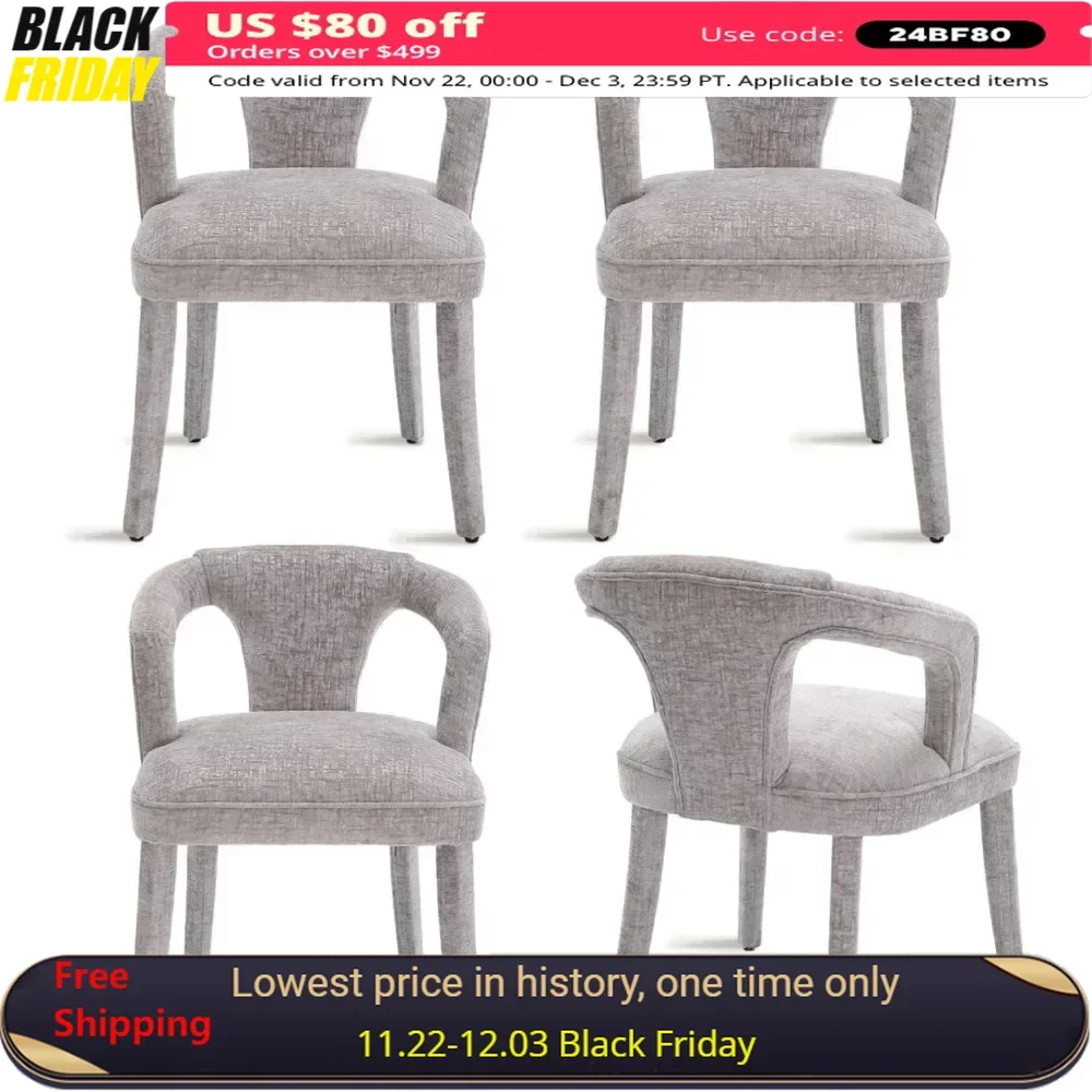 4PCS Dining Chair with Curved Open Back, Wood Legs, Padded Accent Side Chairs, Upholstered Kitchen & Dining Room Chair