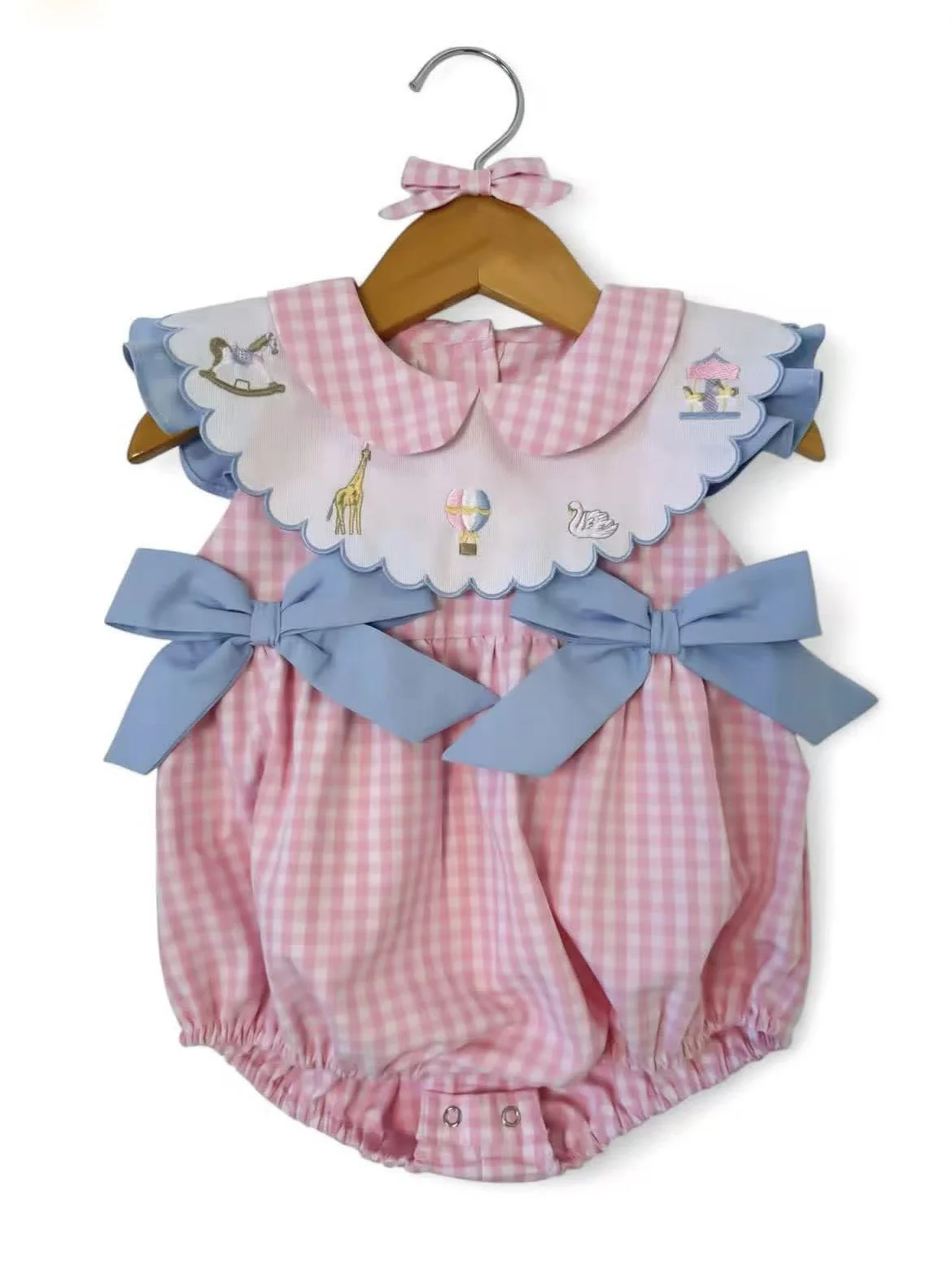 

Летние розовые комбинезоны в синюю клетку для девочек 0-6 лет для фотосессии на день рождения B558