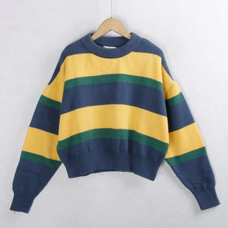 

628, полосатый вязаный свитер, зимний круглый цвет большого размера, теплый женский трикотаж, удобный свитер для поездок на работу