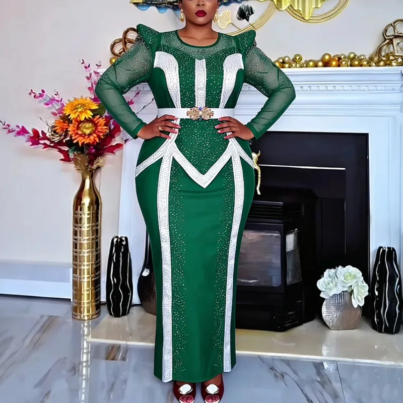 

Plus Size African Party Dresses for Women Dashiki Diamond Pleated Long Dress Elegant Turkey Muslim Wedding Evening Gown