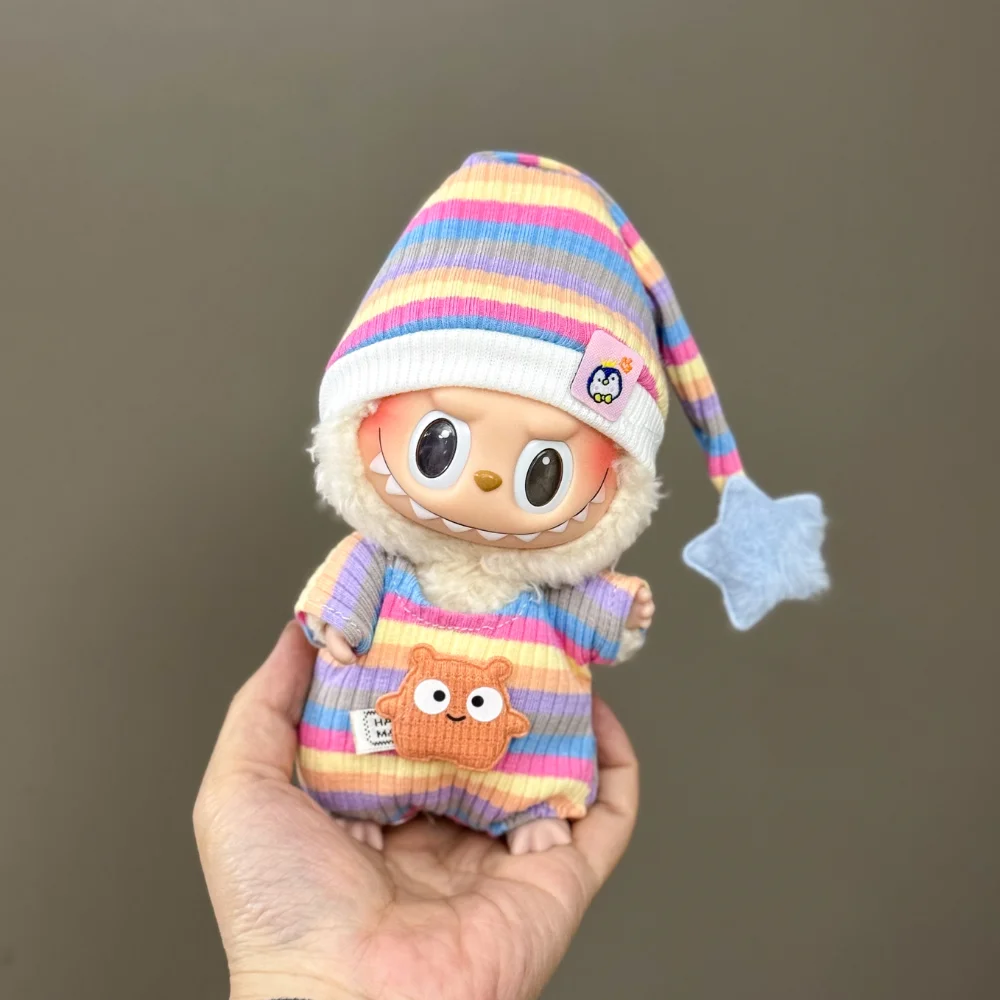 17cm Mini Doll'S Clothes Outfit Accessories for Labubu Sitting Party V1 V2 Autumn Onesie Hat Set Accessories