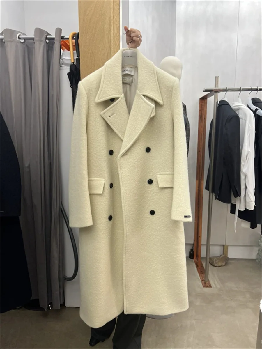   معطف صوفي طويل بأزرار صف مزدوج لندن Sle ملابس خارجية عتيقة للتنقل في الشتاء لون نقي قطع مستقيمة