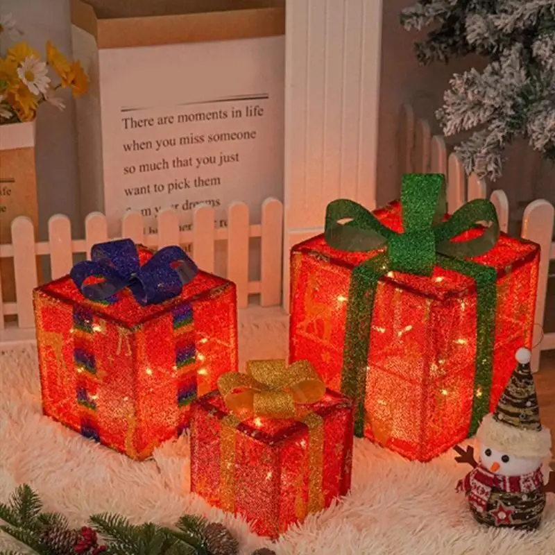  3 Pcs Lighted Gift Boxes LED Lights Christmas Decorations for Porch Outdoor Yard