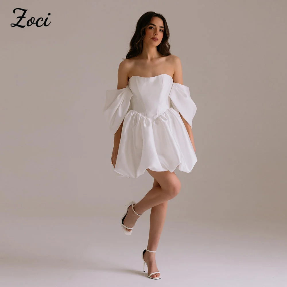 

Zoci Chic Sweetheart Short Wedding Dresses Off Shoulder Satin A Line Puffy Bride Dress Customized Backless Beach Wedding Gown