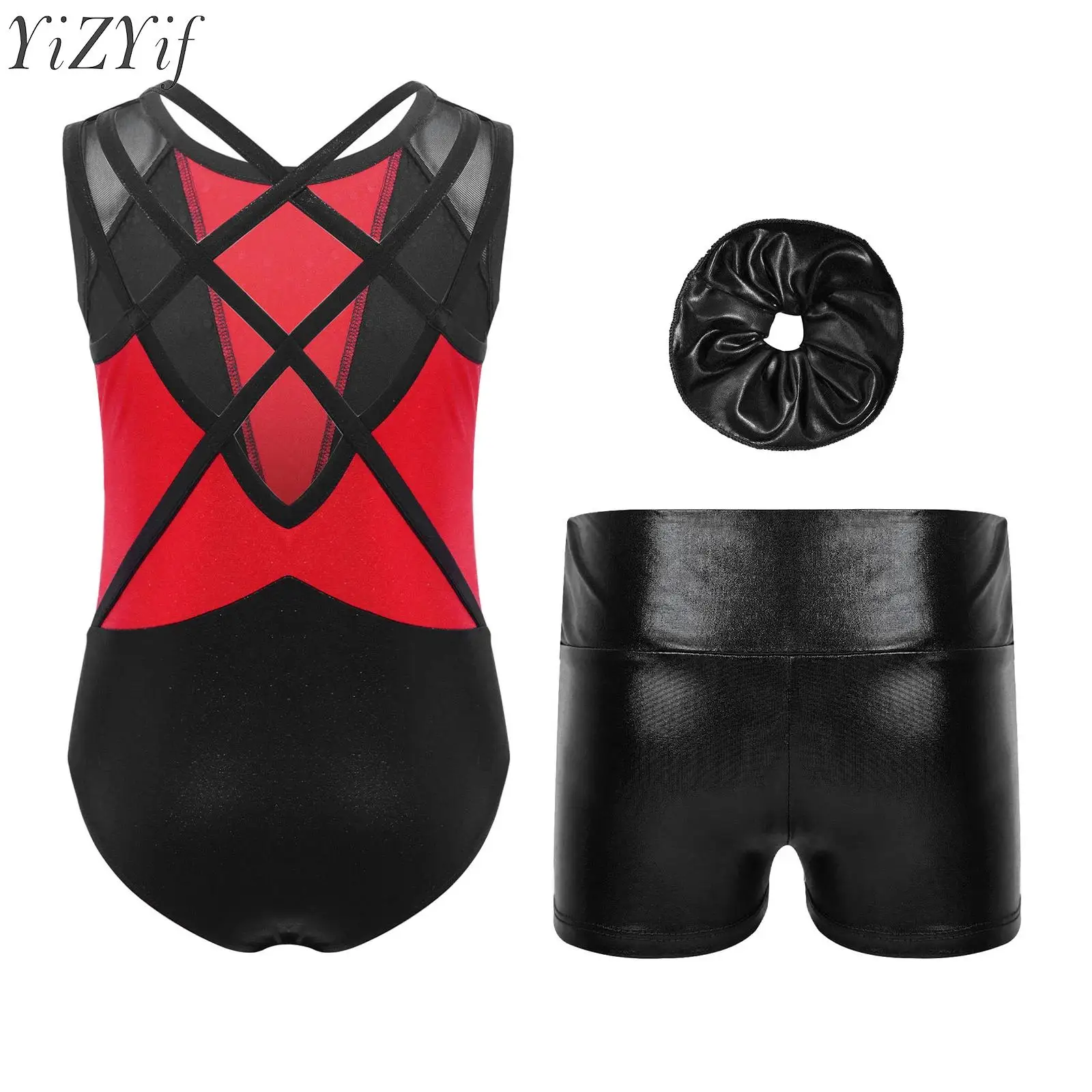 

Kids Girls Ballet Gynastics Dance Sets Sports Outfits Rhinestones Color Block Leotard with Shorts and Headwear Stage Dancewear