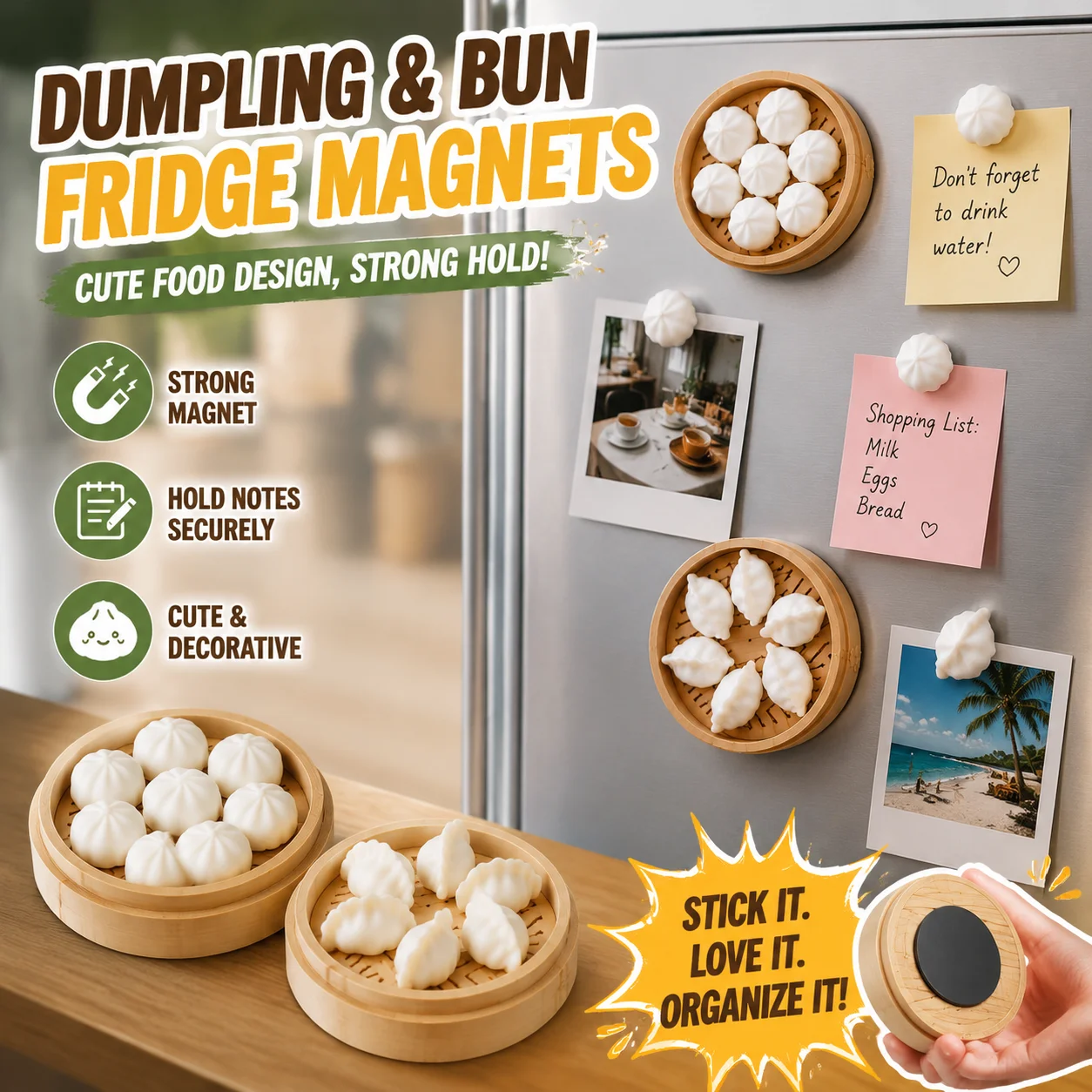 Realistic Mini Steamer Bun Fridge Magnet Food Shape Magnetic Sticker Strong Adsorption Refrigerator Decor Accessory