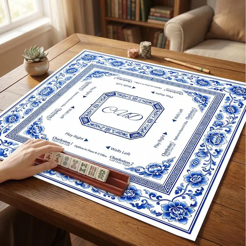 VIKAMA Blue And White Porcelain American Mahjong Mat Anti Slip Noise Reduction Charleston Layout Game Table Pad