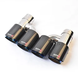 2Pcs Left And Right Car Dual Exhaust Brunt Blue End Pipe Glossy Carbon Fiber Muffler Tip Throut