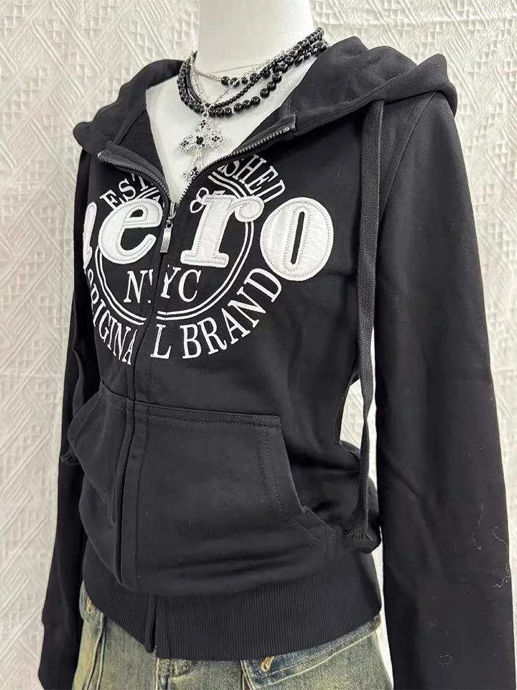 Sudadera con capucha para hombre y mujer, ropa de calle estilo Harajuku, con estampado de letras y cremallera, estilo informal y Vintage, talla grande, 2024