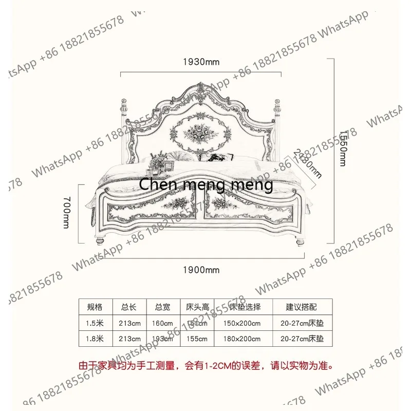 All solid wood French style, master bedroom painted flowers, cream style European court, double wedding bed