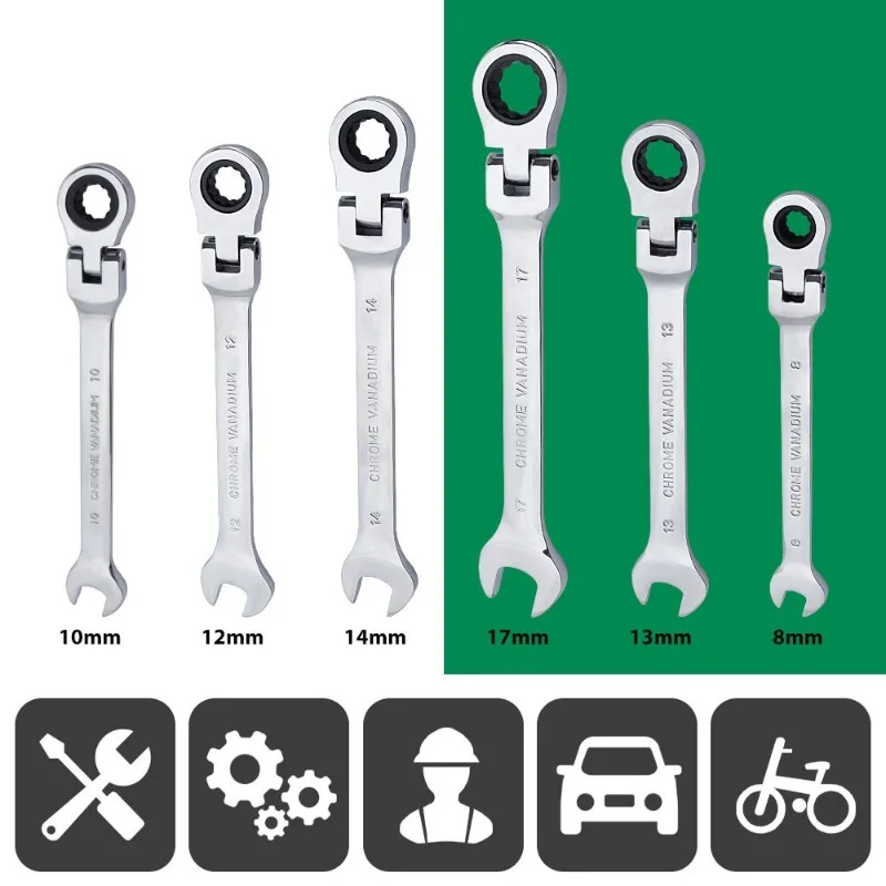 6Pcs Flexible Head Ratchet Wrench Set, Open & Box End Dual Purpose Spanner, Quick Release Auto Repair Hand Tools