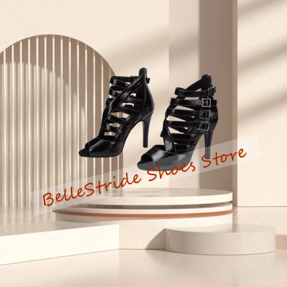 

Black Buckle Decor Back Zipper Sandals Matte Leather Women Shoes Thin High Heels Party Banquet Dating 2025 Zapatos Para Mujere