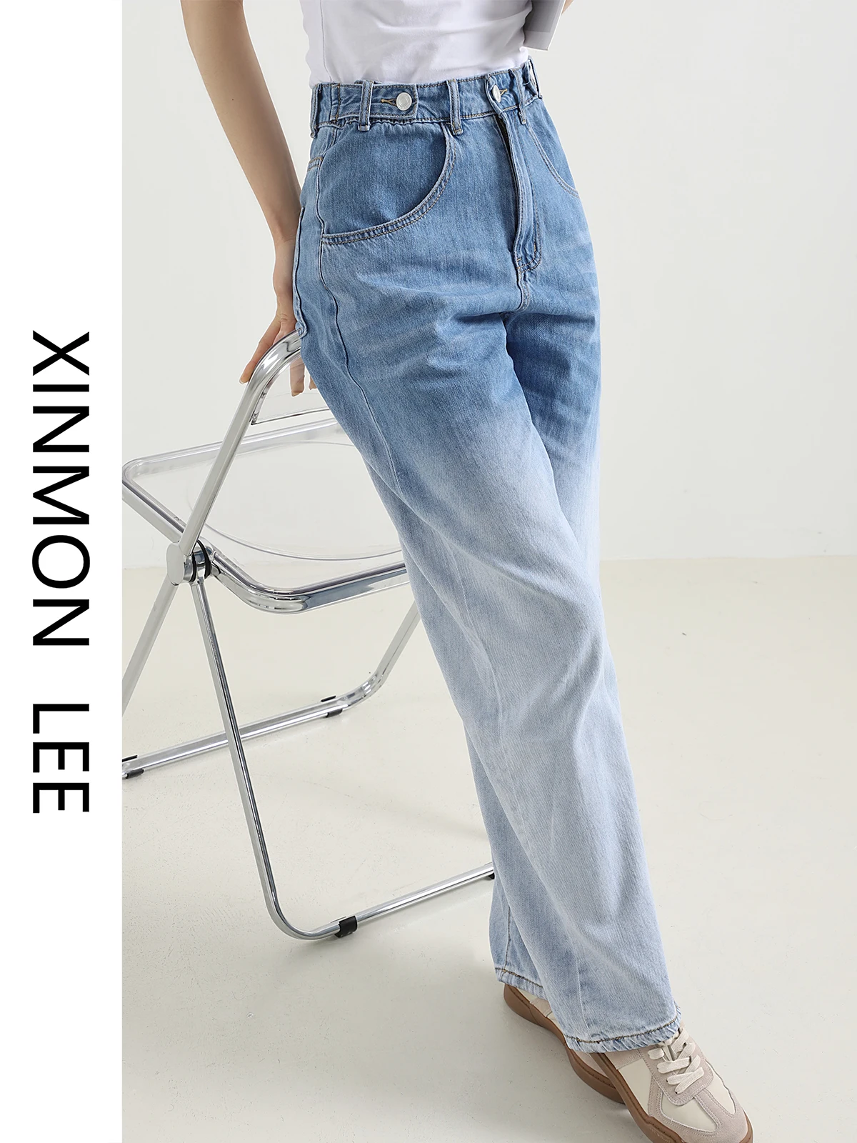 

aduated Color Wide Leg Jeans Women's High Waist Casual Loose Summer Thin Drapey Pants Straight Cut Light Blue Denim Jeans