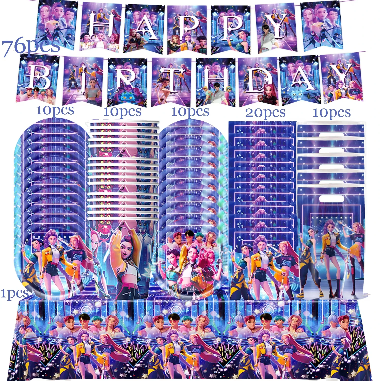 Set de Decoración de Cumpleaños De-mons Hunte, Platos, Vasos, Pancarta, Bolsas de Regalo, Globos para Niñas, Artículos para Fiestas de Anime K-pop