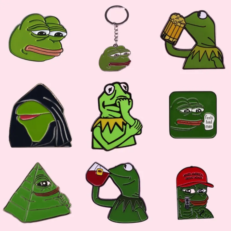 Fun Green Pepe Frog Meme Enamel Pins Custom Pyramid Thinking Drink Animal Cartoon Lapel Badges Keychain Jewelry Gift for Friends