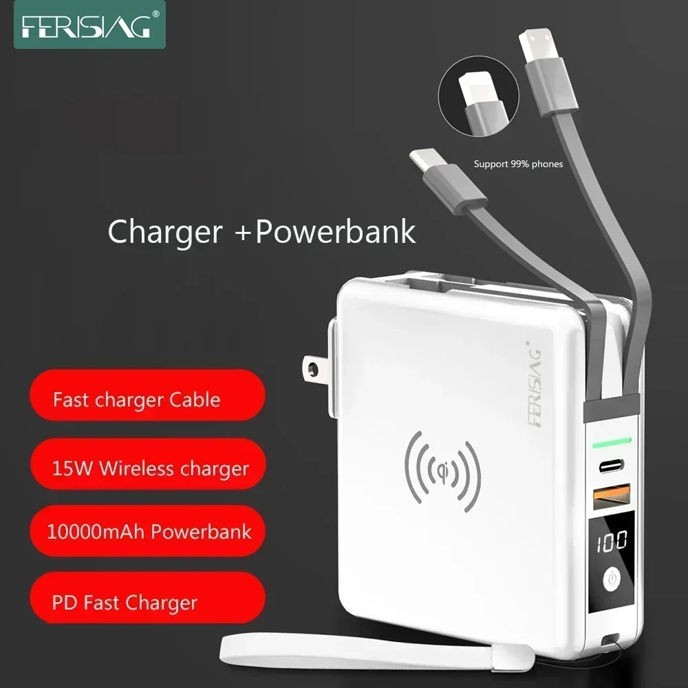 

FERISING-Super Fast Quick Charger, Wireless LED Power Bank for Xiaomi 10000mAh, 22.5W, PD, 5A, SCP, FCP, Type C, QC3.0, QC4.0,