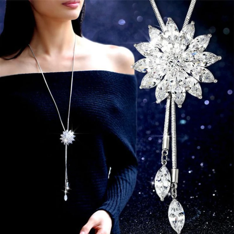 

Fashion Elegant Three-dimensional Flower Inlaid Cubic Zirconia Long Necklace for Women Korean Jumper Chain Party Exquisite Gifts