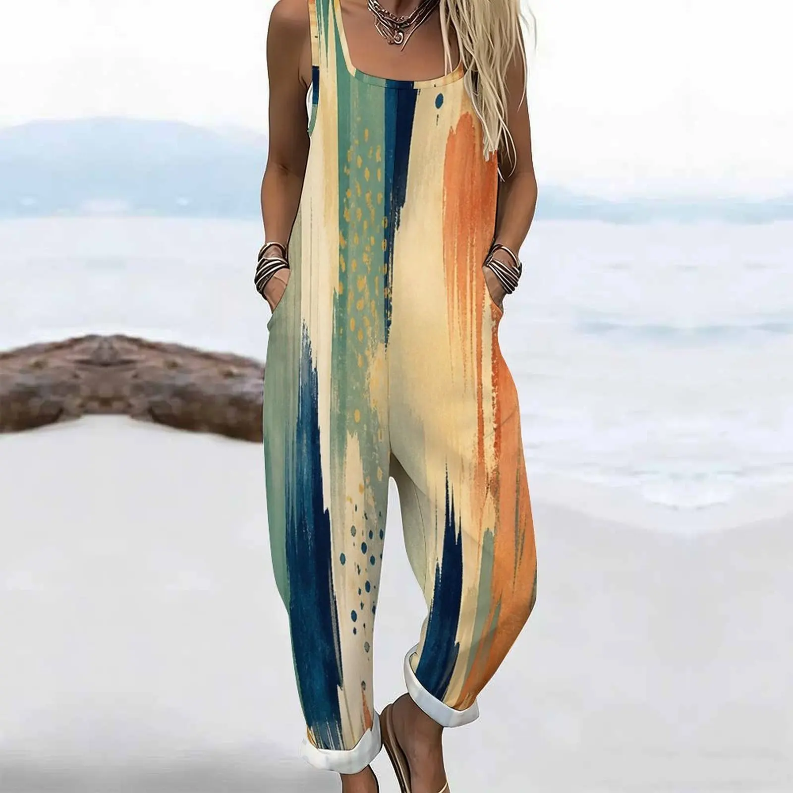 Women Printed Jumpsuit Square Neck Sleeveless Wide Straps Loose Fit Pockets Cuffed Ankle view 3
