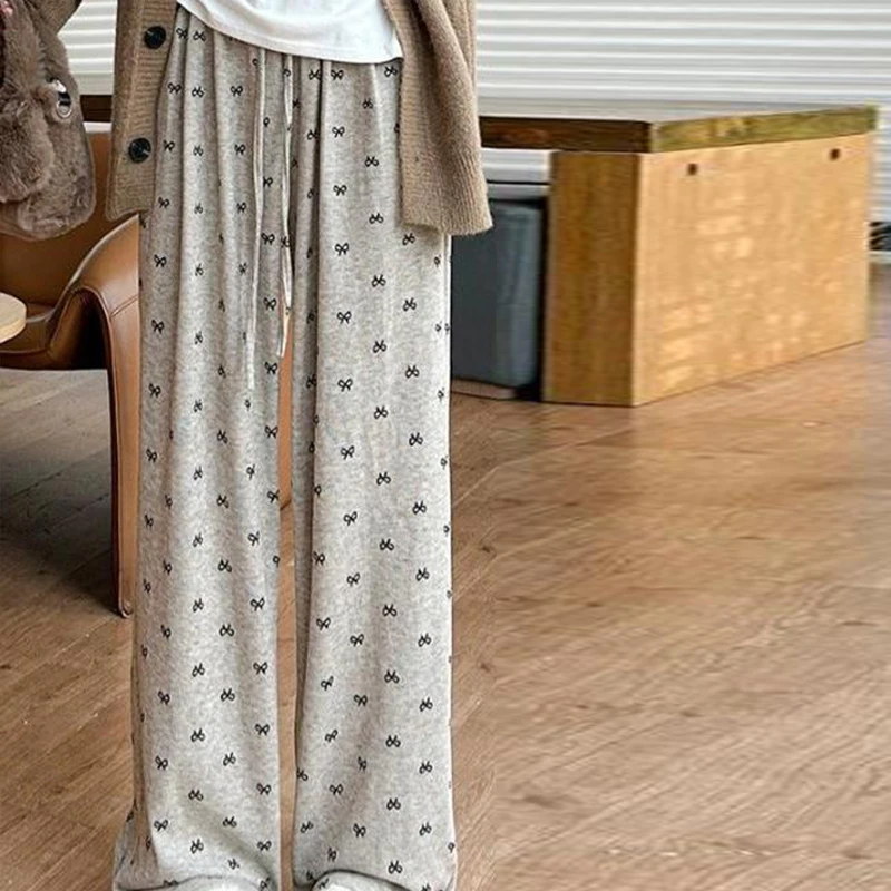 Korean Style Fashion Sweet Bow Drawstring High Waist Wide Leg Pants