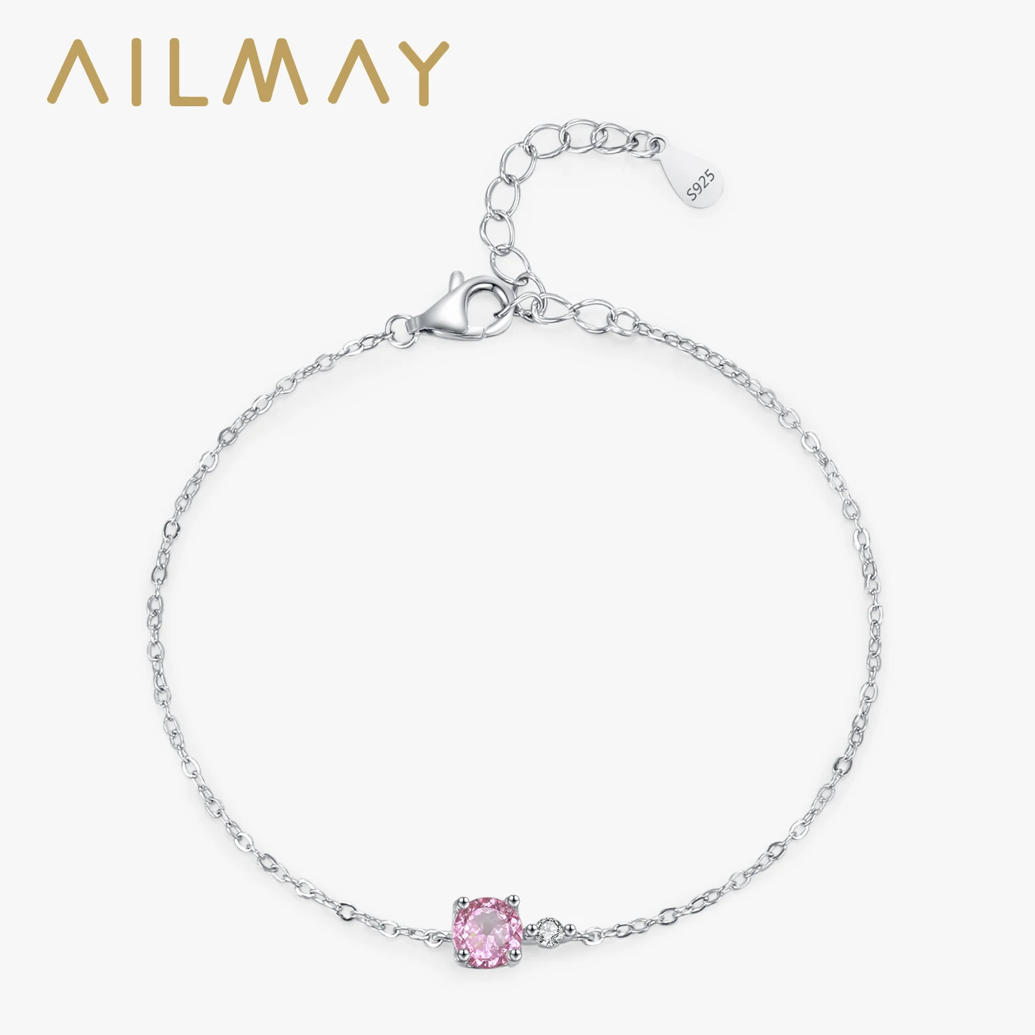 

Ailmay 925 Sterling Silver New Valentine's Romantic Pink Zircon Chain Bracelet for Women Girl Charm Gift