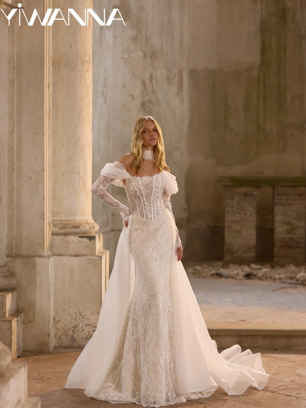 

Glitter Lace Detachable Sleeve Wedding Dress With Train Shinny Pearls Strapless Bridal Gown Customized Mermaid Dresses For Bride