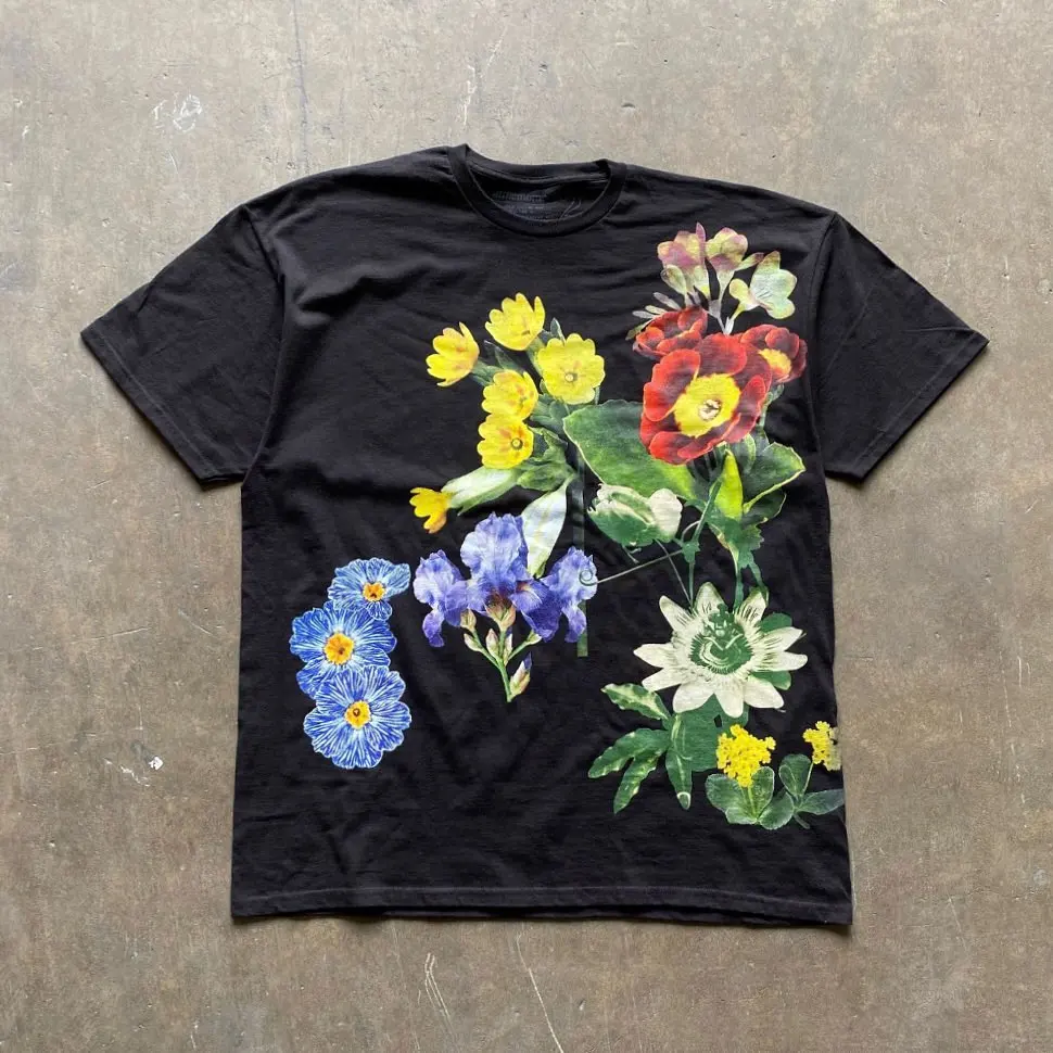 

Y2K Korean Style Floral Pattern Printed Loose T-shirt Black Oversized O-Neck Tops Personalized Retro Fashion Trend Tees