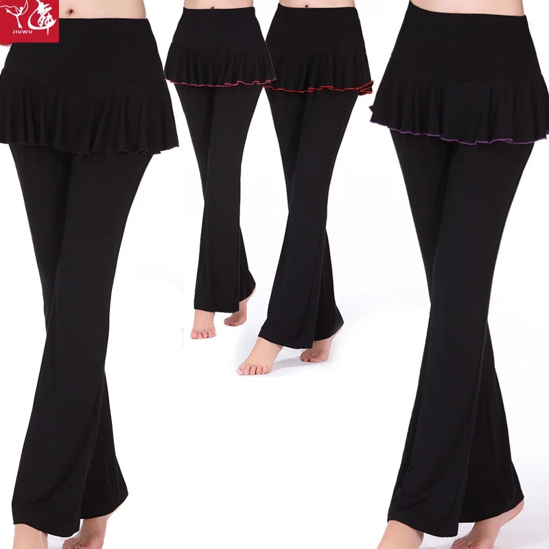 modal-dance-pants-skirt-women's-practice-latin-dance-long-straight-leg-pants-with-skirt-for-square-dancing-summer-fitness