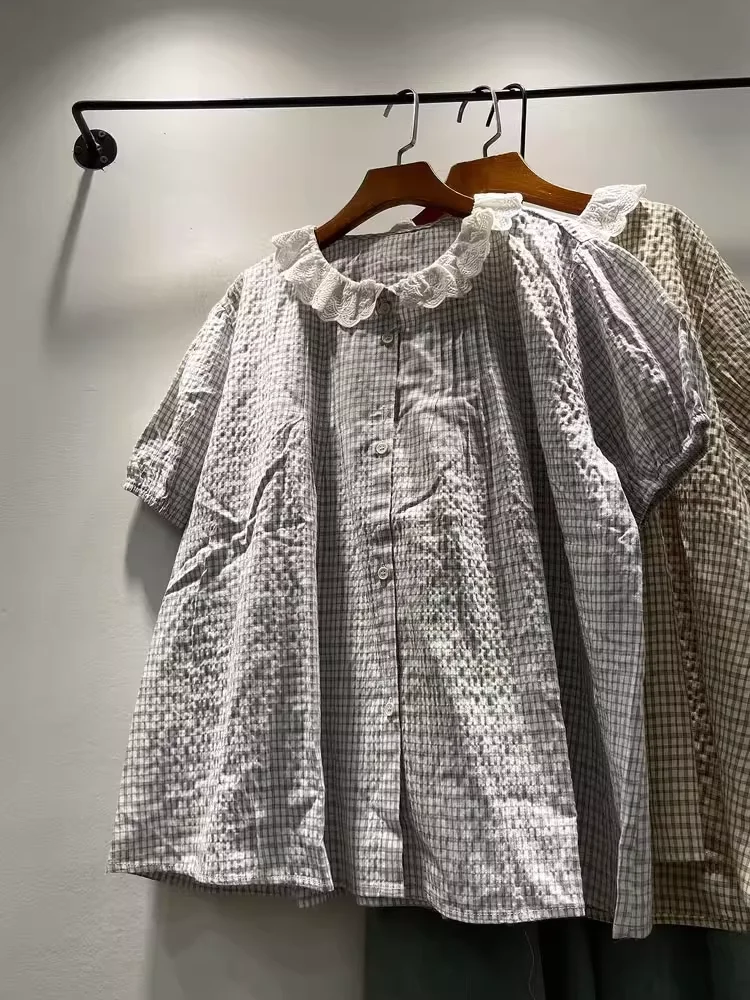 Biust 130cm Mori girl Japan style koronkowy kołnierzyk koszule w kratę bluzki z krótkim rękawem 100% bawełna plus size topy damskie koszule w kratę