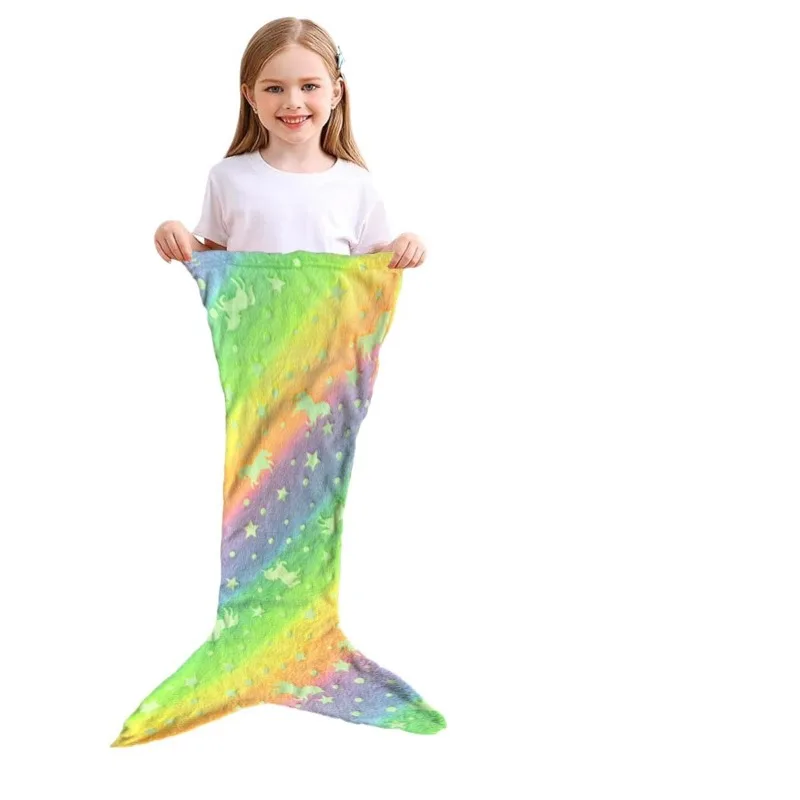 New Night Glow Mermaid Tail Blanket Soft Flannel Fleece Wearable Companion  Cute Kids Blankets  for All Seasons