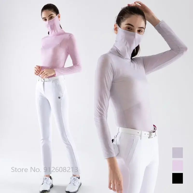 SWAN LOVE GOLF Upgrade Women Golf Shirts With Mask Female Sunscreen Ice Silk Tops Ladies Long Sleeve Cooling Dry Fit Underwear