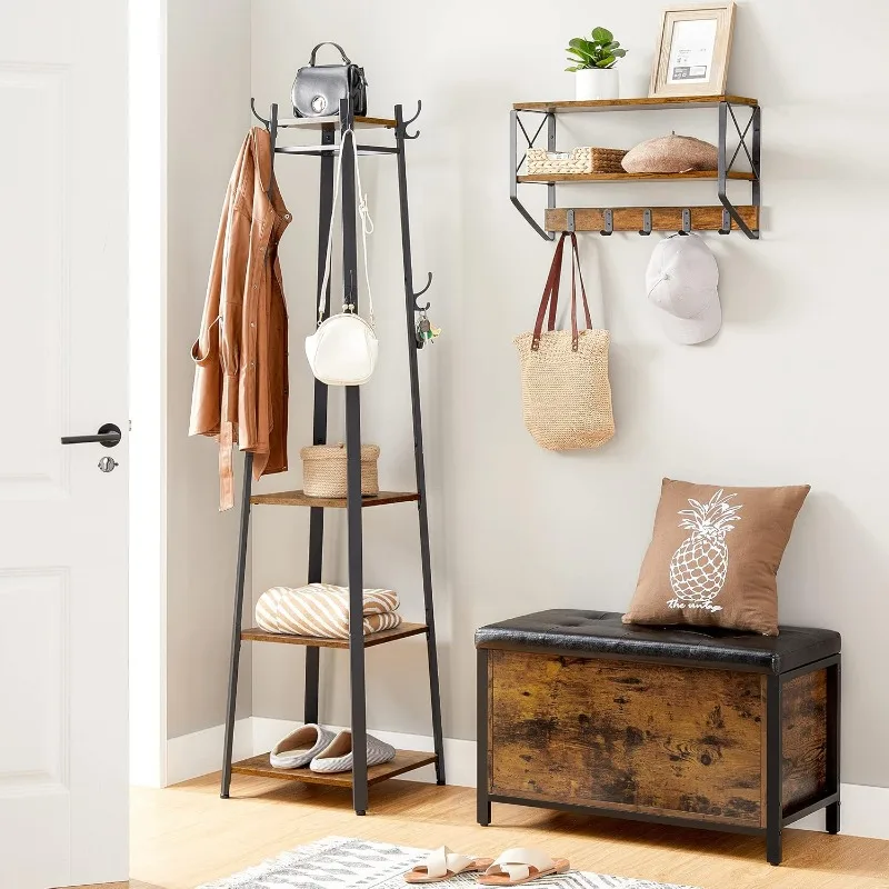 ALINRU Coat Rack with 3 Shelves, Stand with Hooks for Scarves, Bags and Umbrellas, Steel Frame, Industrial Style,