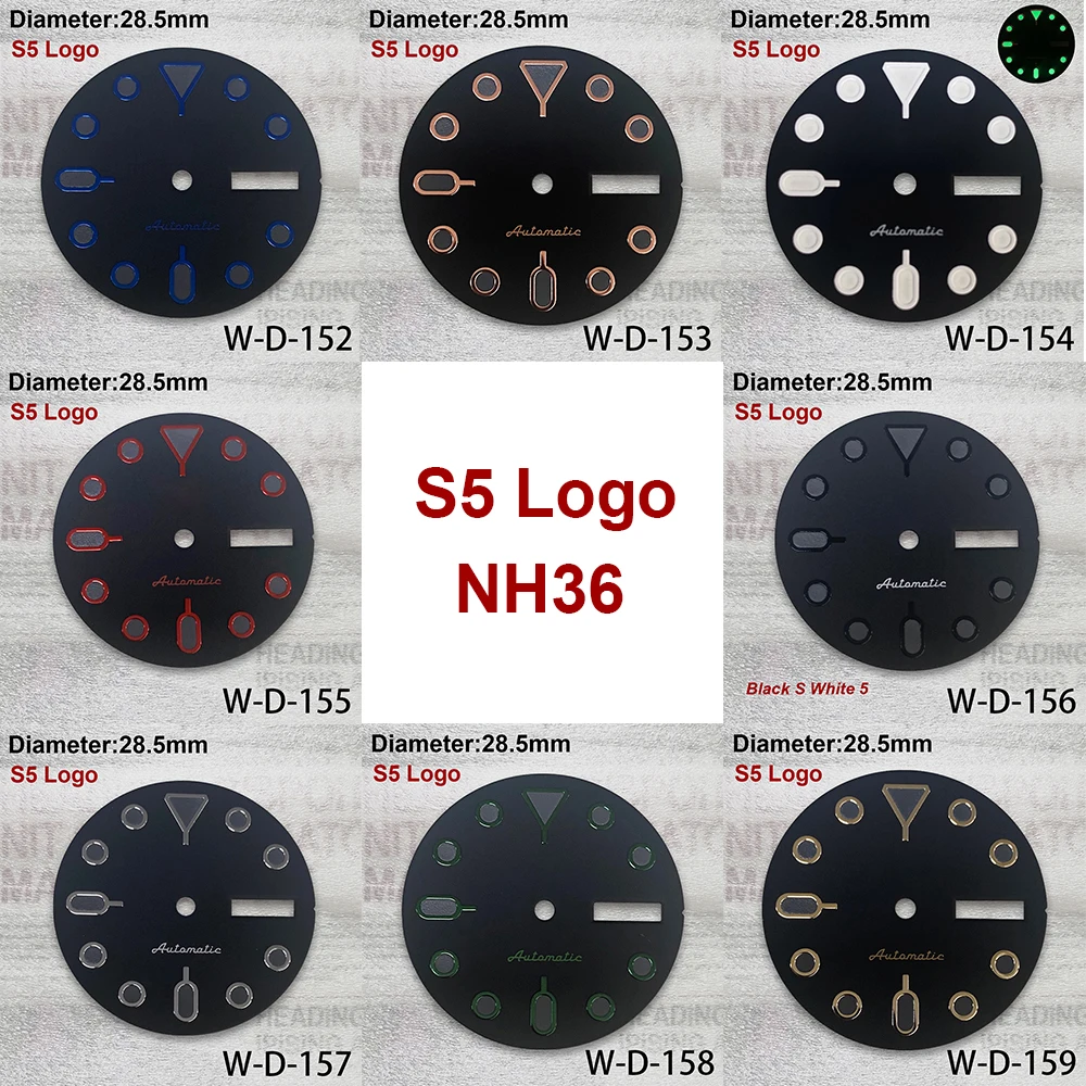 

28.5mm S5 Logo Black Matte Dial Suitable For NH36/4R36 Japen Automatic Movement Green Luminous Watch Modification Accessories