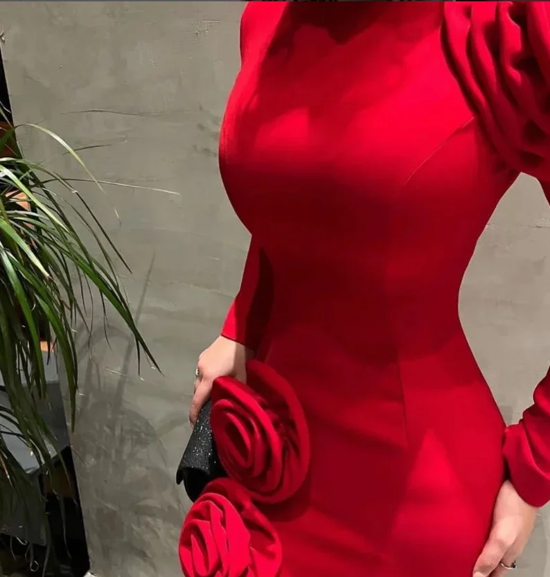 Customized Fashion Exquisite Simple Jersey Handmade Flower Sheath High Collar Long Dresses Cocktail Dresses Formal Retro High Q