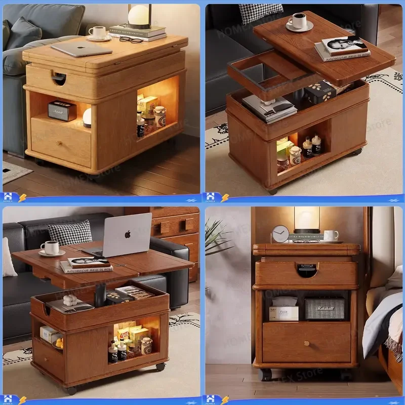 Medieval Style Mahogany Rolling Console Table Height Adjustable Foldable Movable Side Cabinet Coffee Trolley for Small Living